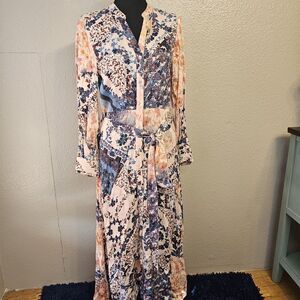 Soft Surrounding Chic Boho Floral Maxi Dress Belt Button Front Long Sleeve BB629
